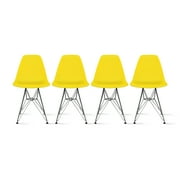 2xhome Set of 4 Yellow Mid Century Modern Vintage Molded Shell Assembled Chairs Chrome Wire Metal Eiffel Side Armless No Arms With Back DSW for Desk Work Office Dining Living Kitchen Bedroom